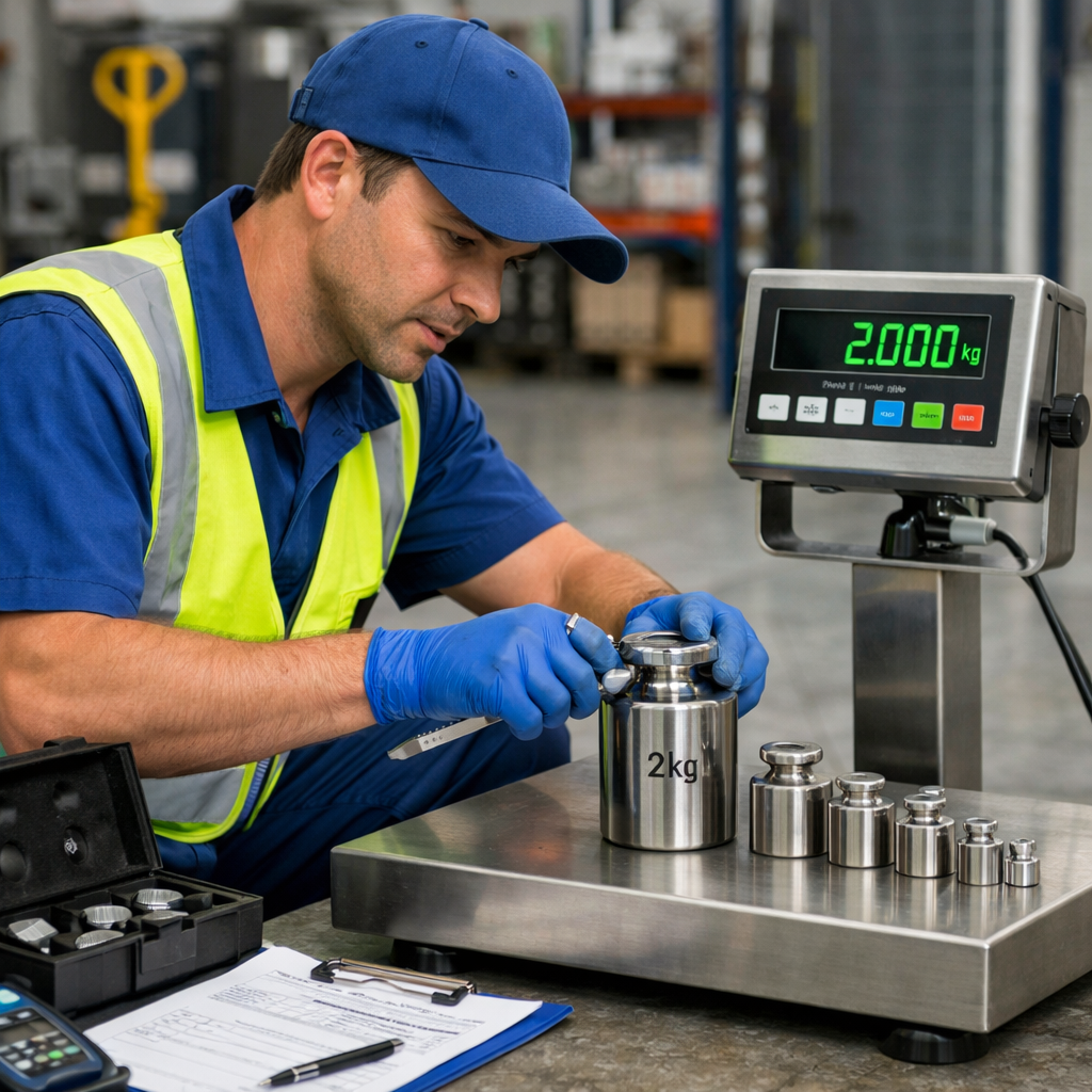 Calibration technician working on weighing scale