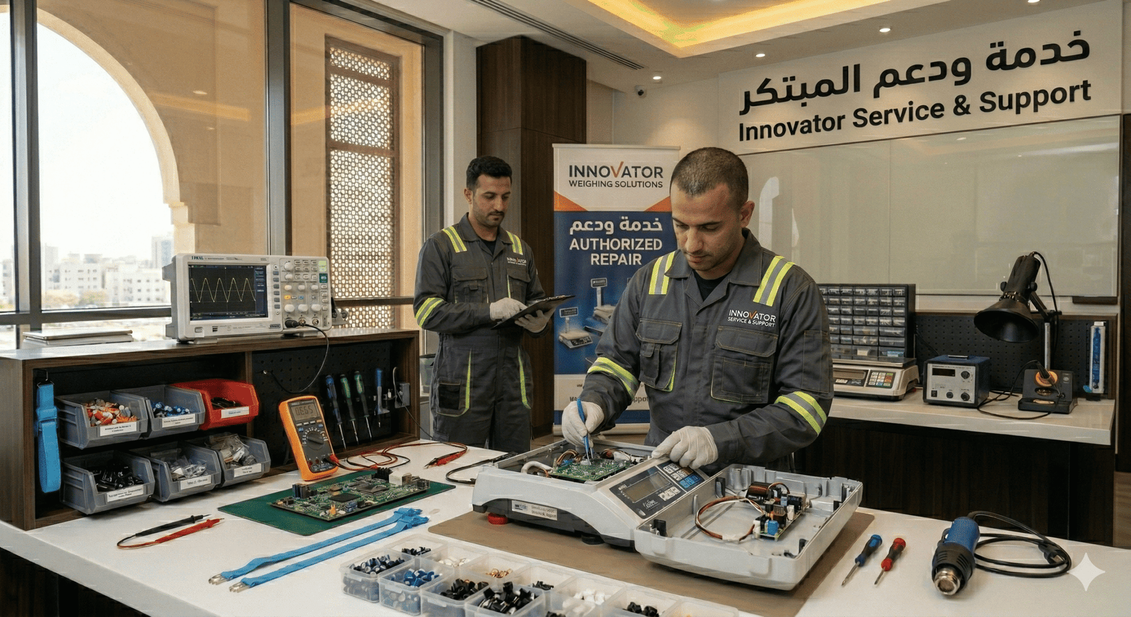 Weighing scale repair service in Oman with technician fixing electronic weighing system and load cell components