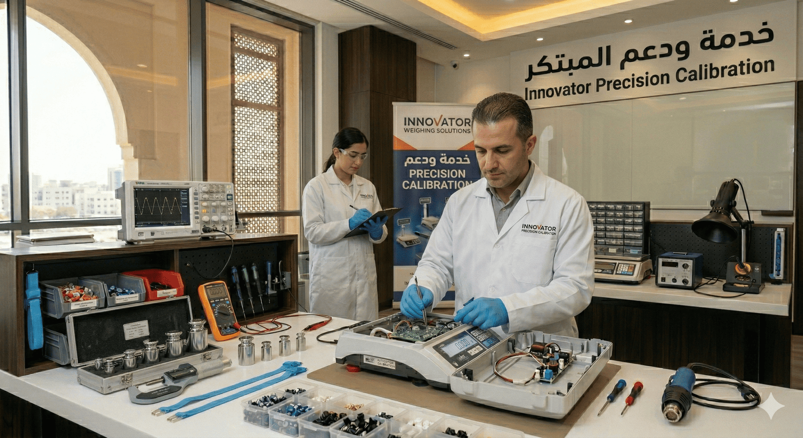 Weighing scale calibration in Oman laboratory using certified calibration weights and precision measurement tools