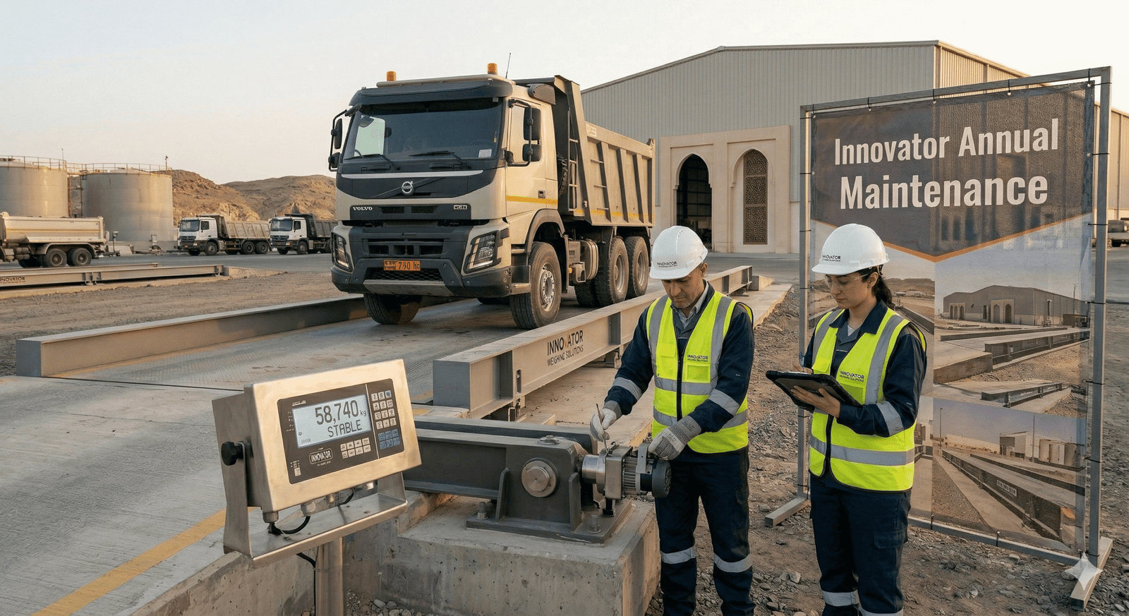 Weighbridge maintenance service in Oman with engineers inspecting truck scale platform and performing annual maintenance contract